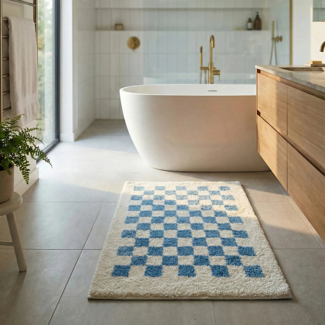 Stylish checkered bathroom rug, PlushiGrid, providing soft, absorbent comfort after a shower.
