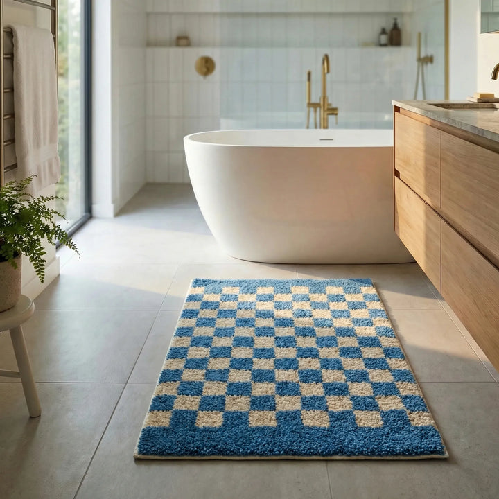 Thick, soft, checkered PlushiGrid bath mat, a non-slip bathroom floor solution for modern homes.