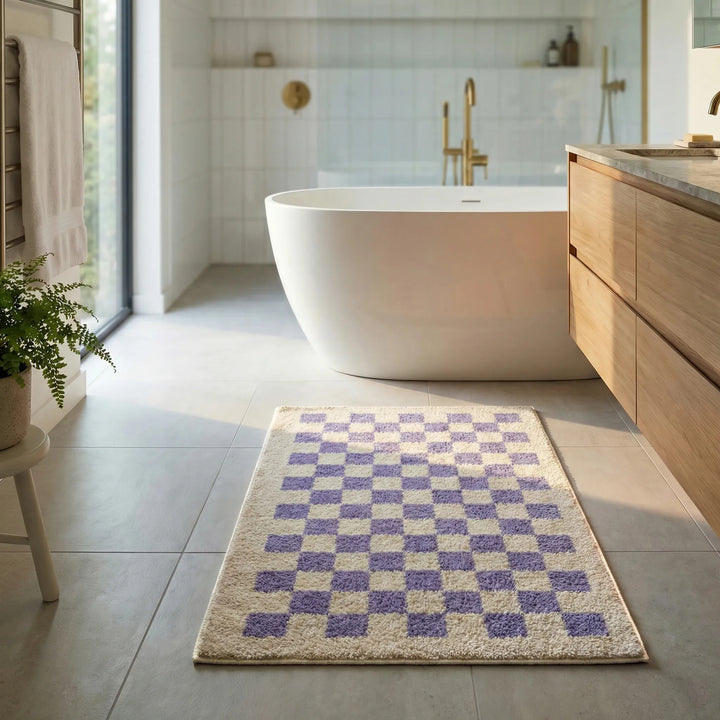 Elegant checkered bath floor mat, PlushiGrid, ensuring a plush, safe, and absorbent surface.