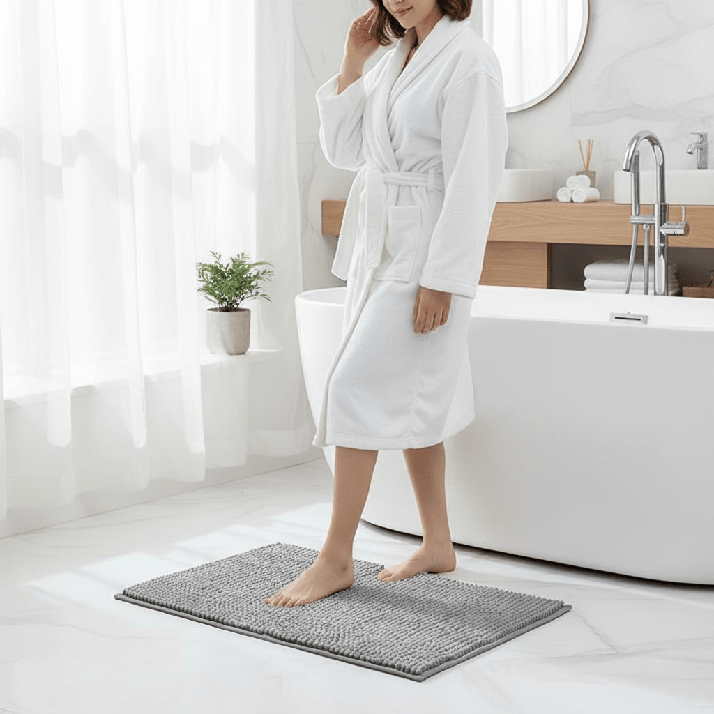Close-up of soft, plush chenille bath rug texture, ideal for comfort and absorbency in any bathroom.