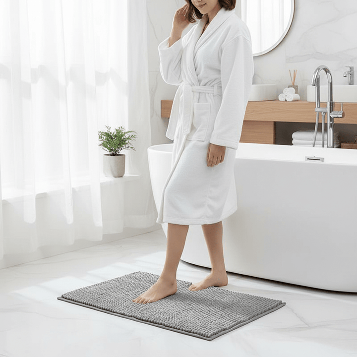 Close-up of soft, plush chenille bath rug texture, ideal for comfort and absorbency in any bathroom.