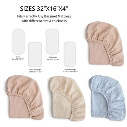 Overhead view of a baby's bassinet with a fitted white cotton sheet on the mattress