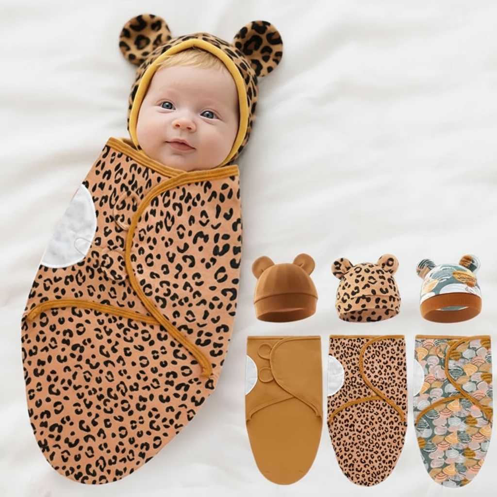 Soft cotton baby swaddle wrap & matching hat set for newborn comfort, white