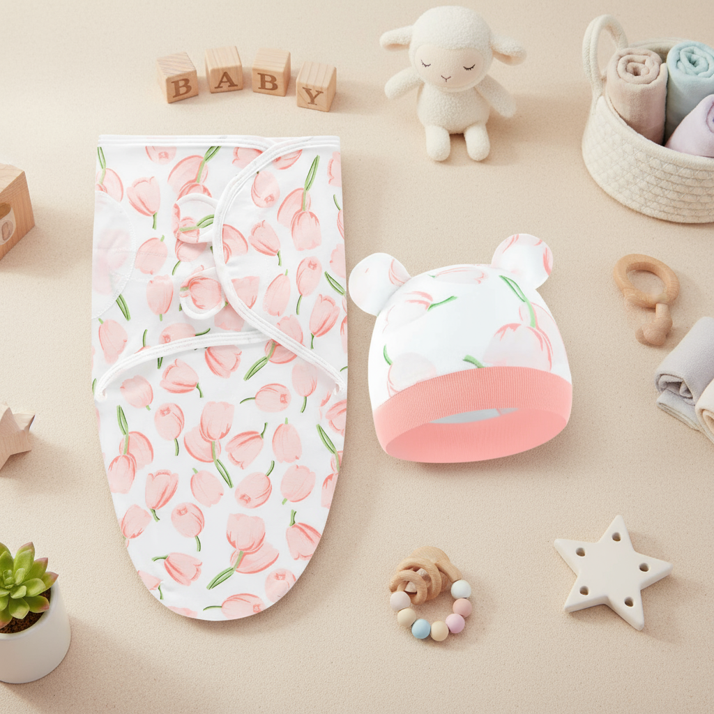 Baby bedding set: gentle cotton swaddle wrap and warm hat for infants, patterned