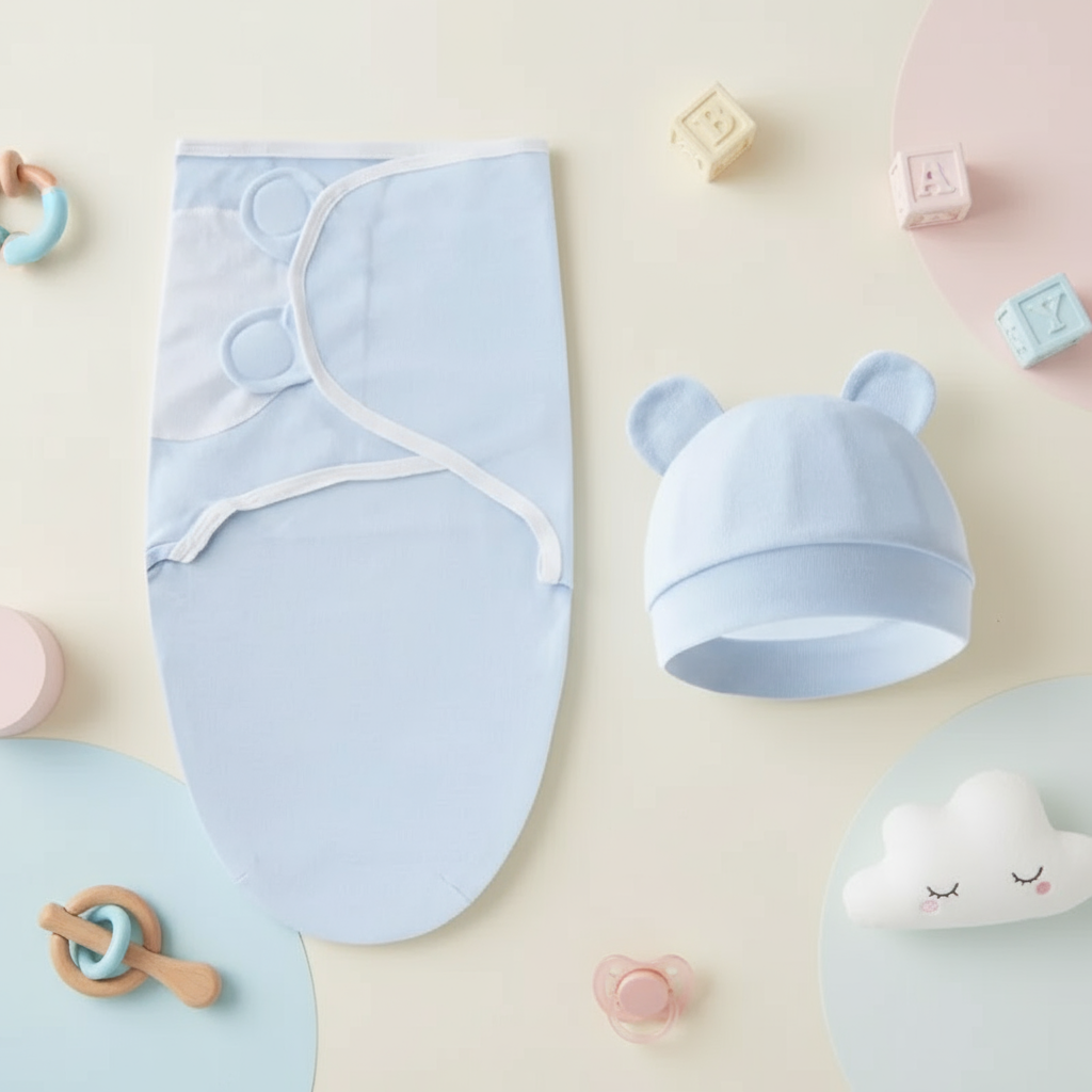 Cozy baby swaddle and beanie hat, made from pure cotton, perfect for newborns