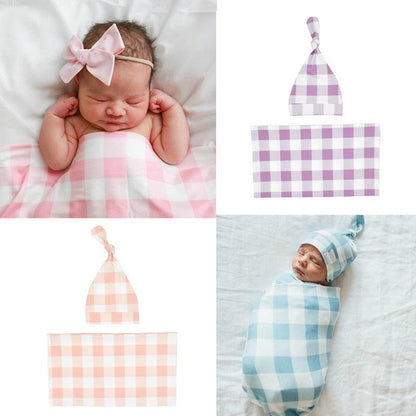 Soft cotton blend baby plaid swaddle blanket & matching hat set for newborn boy or girl.