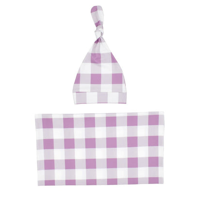 Plaid baby swaddle and knotted hat set, ideal baby shower gift for new parents.