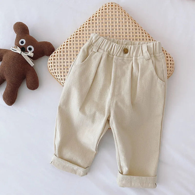 Baby bottom wear: soft denim-look cotton elastic waist pants, unisex