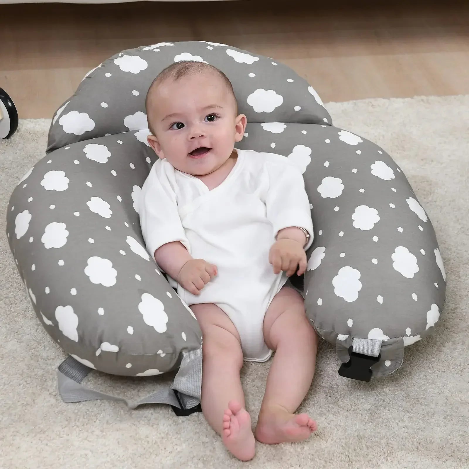 Soft cotton ergonomic baby nursing pillow cover in neutral color for comfortable breastfeeding