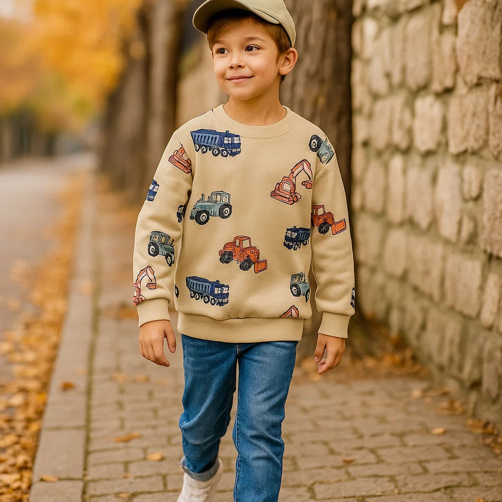 Toddler boy's long-sleeve sweater, cozy autumn fashion with a cute blue cartoon truck print