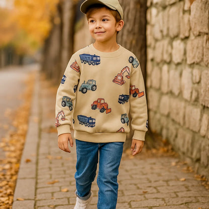 Toddler boy's long-sleeve sweater, cozy autumn fashion with a cute blue cartoon truck print