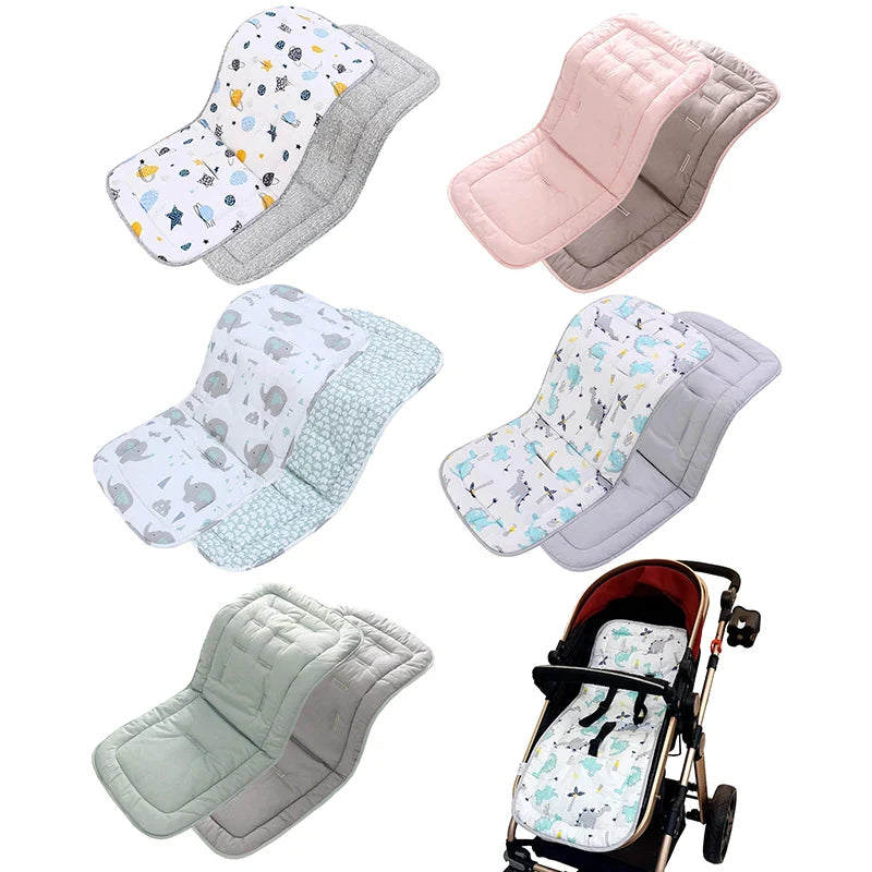 Soft cotton reversible baby stroller cushion in a universal fit for infant comfort