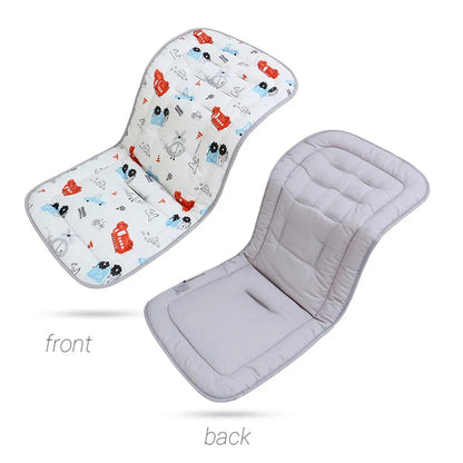 Baby stroller cushion in soft cotton, reversible design offers universal infant seating