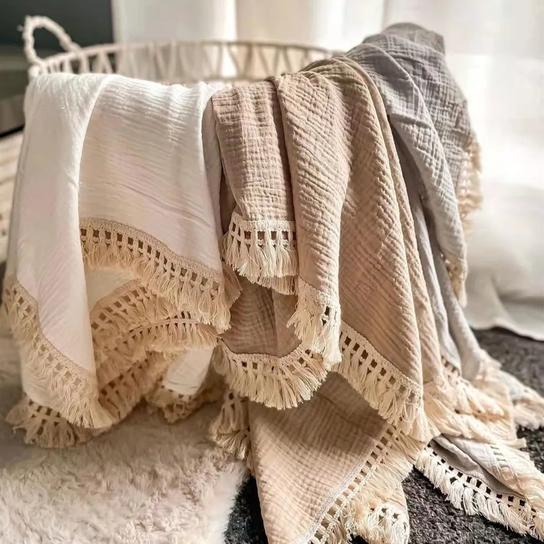 Soft cotton swaddle blanket for newborn with decorative tassels, white, essential baby wrap, 100% cotton