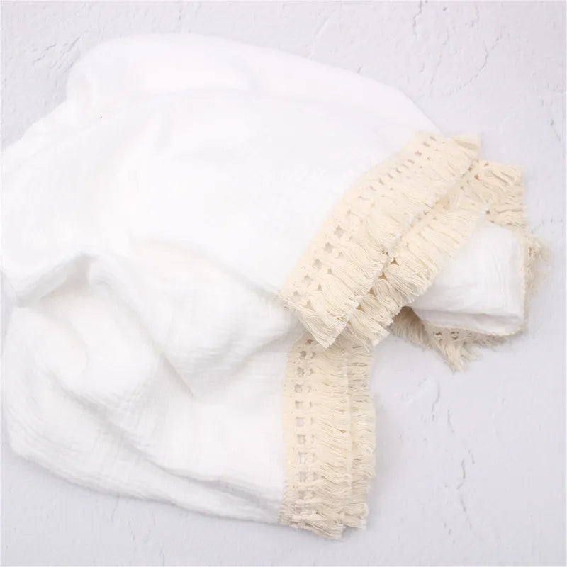Baby shower gift: pure cotton swaddle blanket with charming tassels, an infant receiving essential
