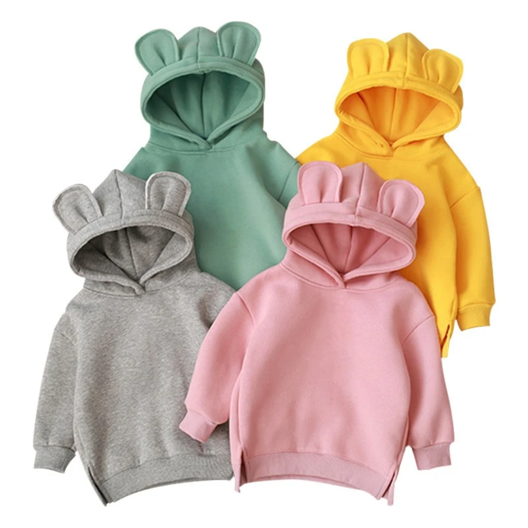 Kids comfort apparel: cotton ear hoodie featuring a playful cartoon design, great for fall fashion