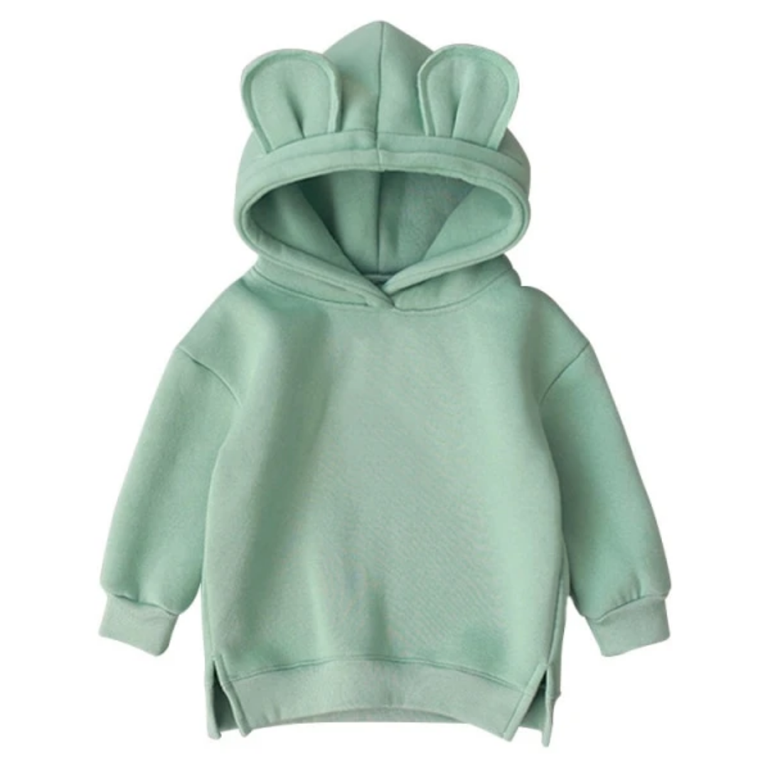 Unisex black cotton hoodie with cartoon ears, a cozy pullover for adult and kids winter wear