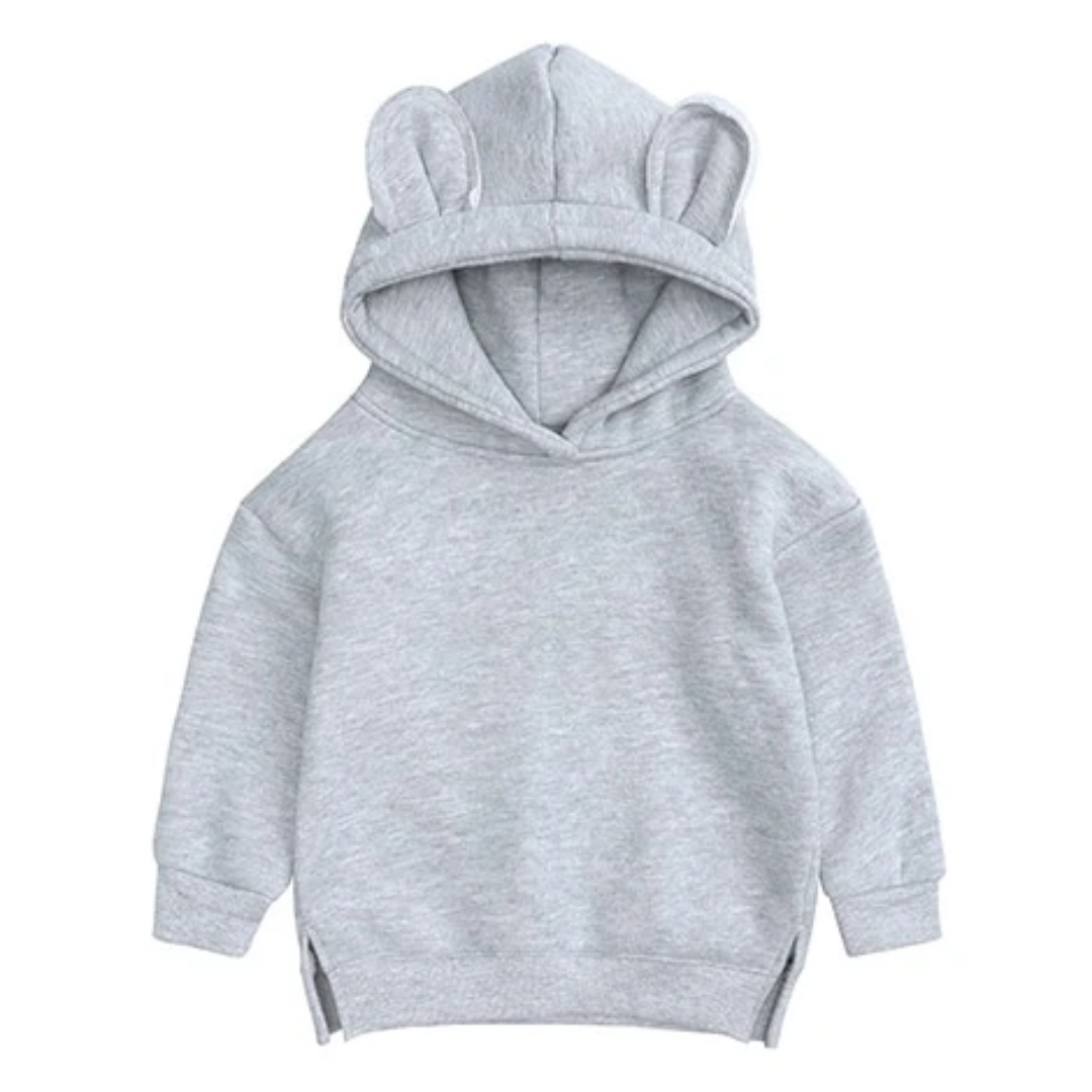 Soft gray cotton cartoon ear hoodie, a comfortable pullover sweater for casual kids clothing