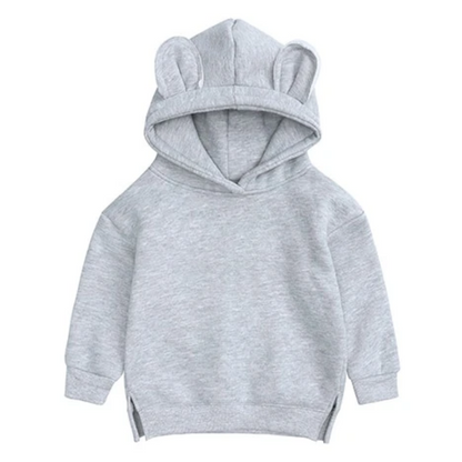 Soft gray cotton cartoon ear hoodie, a comfortable pullover sweater for casual kids clothing