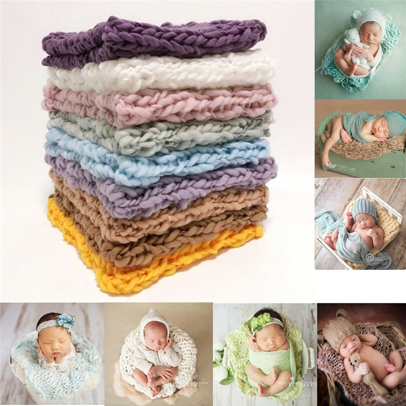 Soft crochet newborn baby blanket prop in cream, ideal for photo shoots.