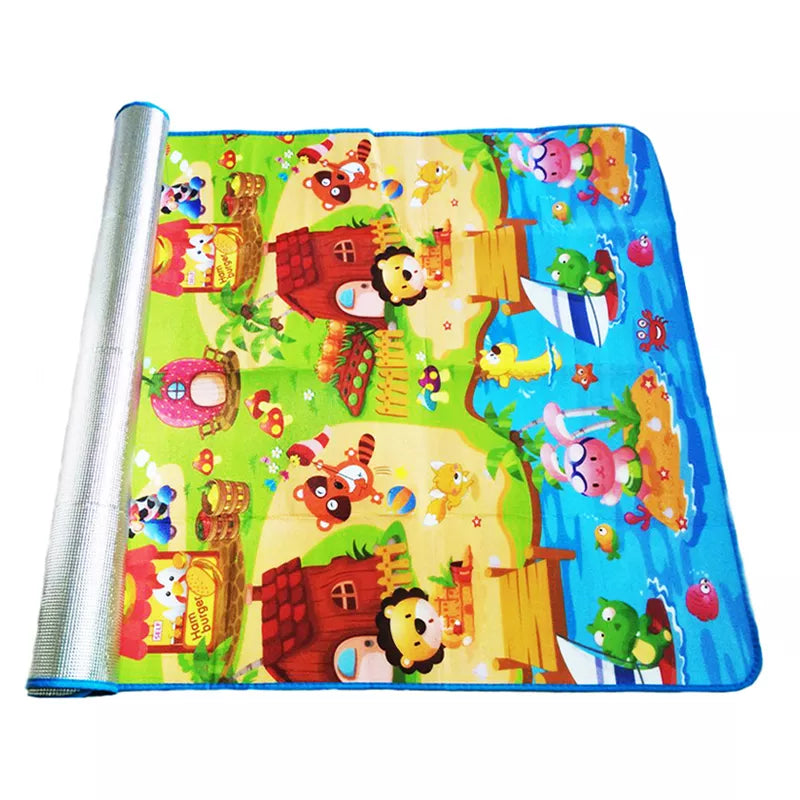 Soft EVA foam interlocking puzzle mat for baby crawling and playtime, multi-colored squares.