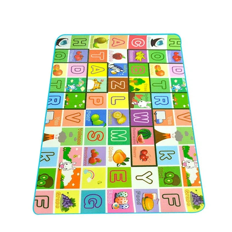 Baby playing happily on a large, soft EVA foam puzzle mat, perfect for crawling practice.