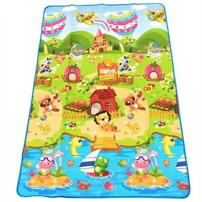 Arrangement of multi-colored EVA foam puzzle pieces forming a safe baby crawling mat.