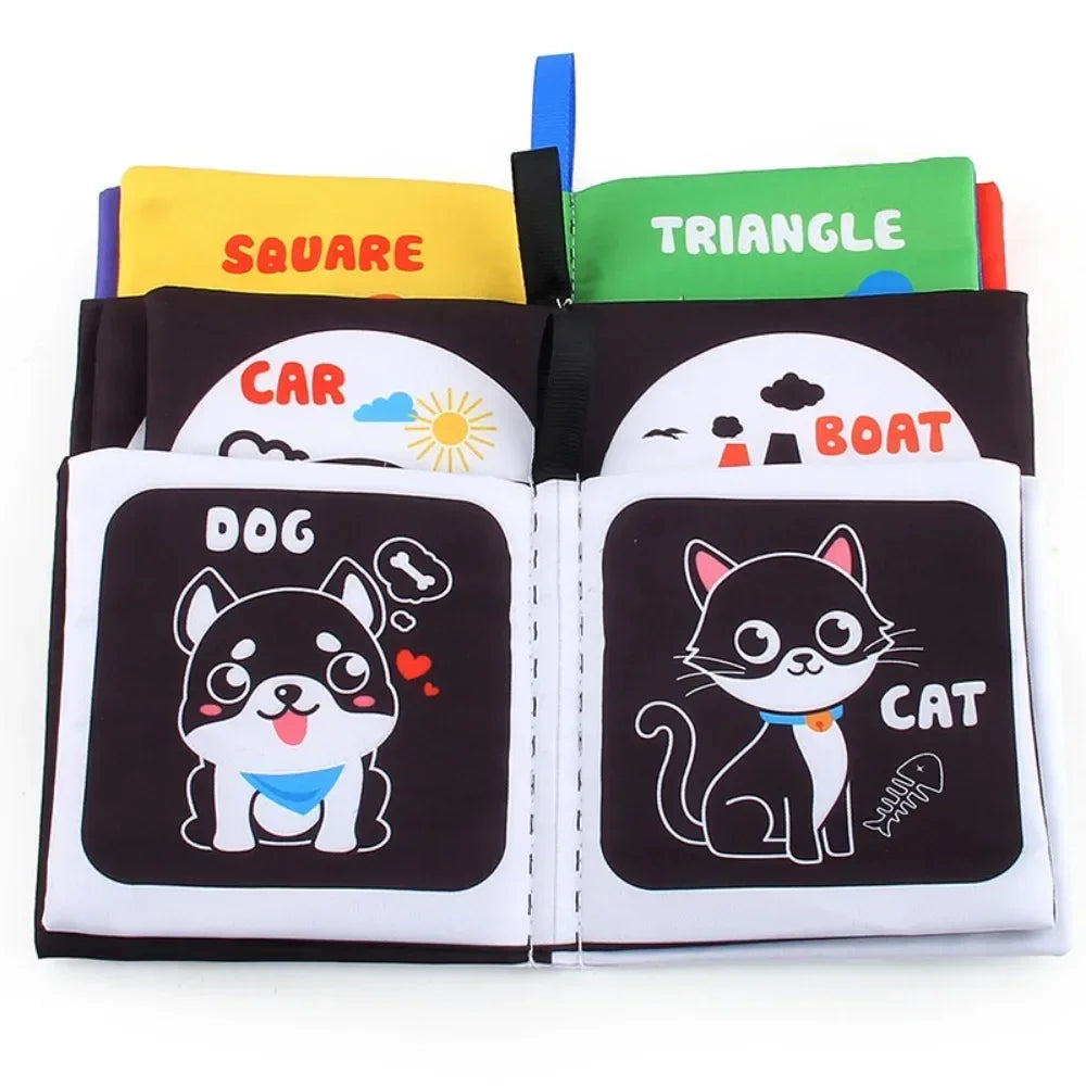 Toddler happily turning pages of a colorful soft learning book, engaging baby activity toy