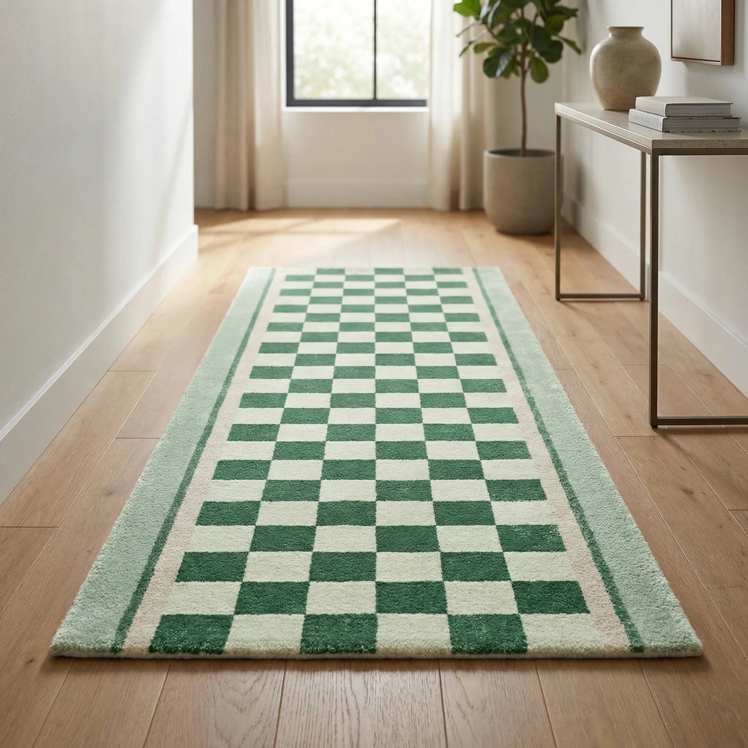 Soft Flowique checkerboard runner rug with wavy design. Non-slip, perfect for modern home decor, kitchen, or entryway.