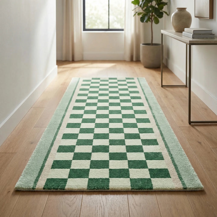 Soft Flowique checkerboard runner rug with wavy design. Non-slip, perfect for modern home decor, kitchen, or entryway.