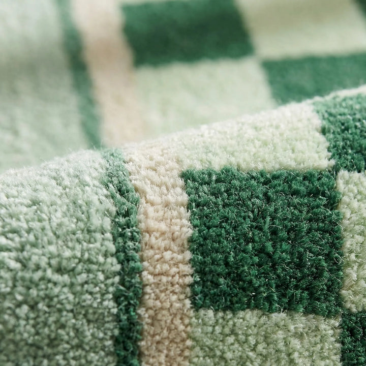 Modern checkerboard runner rug with elegant wave pattern. Soft, non-slip, ideal for living room or bedroom comfort.