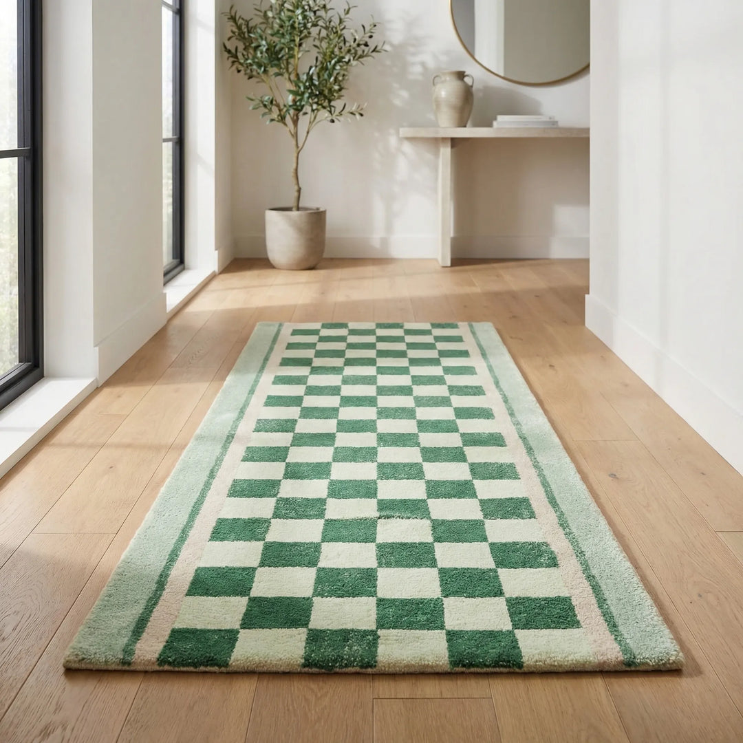 Durable non-slip checkerboard runner rug with stylish Flowique wave design. Great for high-traffic entryway or kitchen.