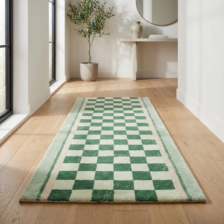 Durable non-slip checkerboard runner rug with stylish Flowique wave design. Great for high-traffic entryway or kitchen.