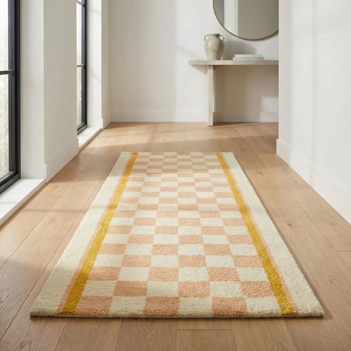 Statement Flowique wave checkerboard runner rug. Soft, non-slip, and stylish. Enhances any modern home's aesthetic.