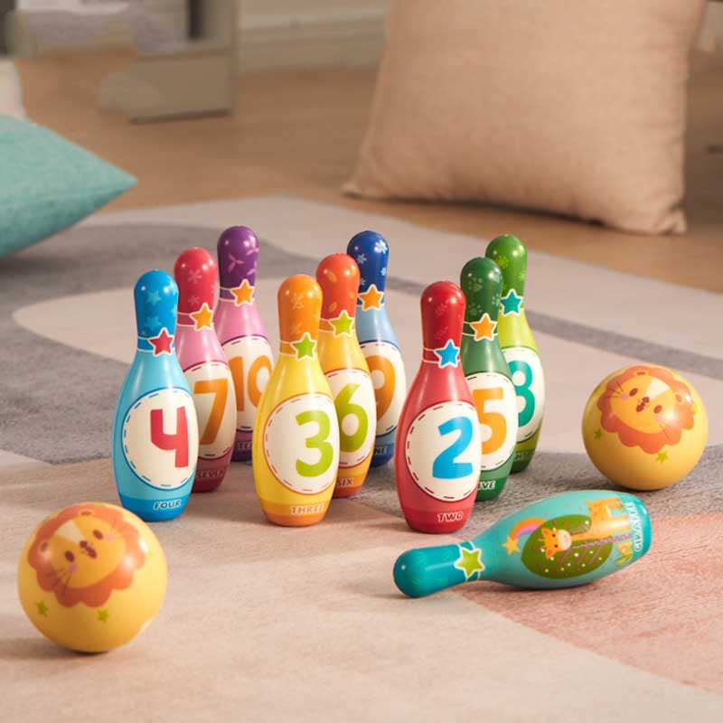 Soft foam bowling set for kids, colorful pins with numbers for educational indoor play.