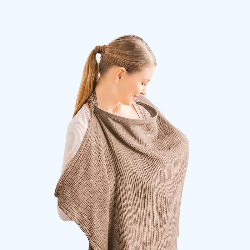 Soft gray cotton nursing scarf for discreet breastfeeding, perfect for new moms on the go.