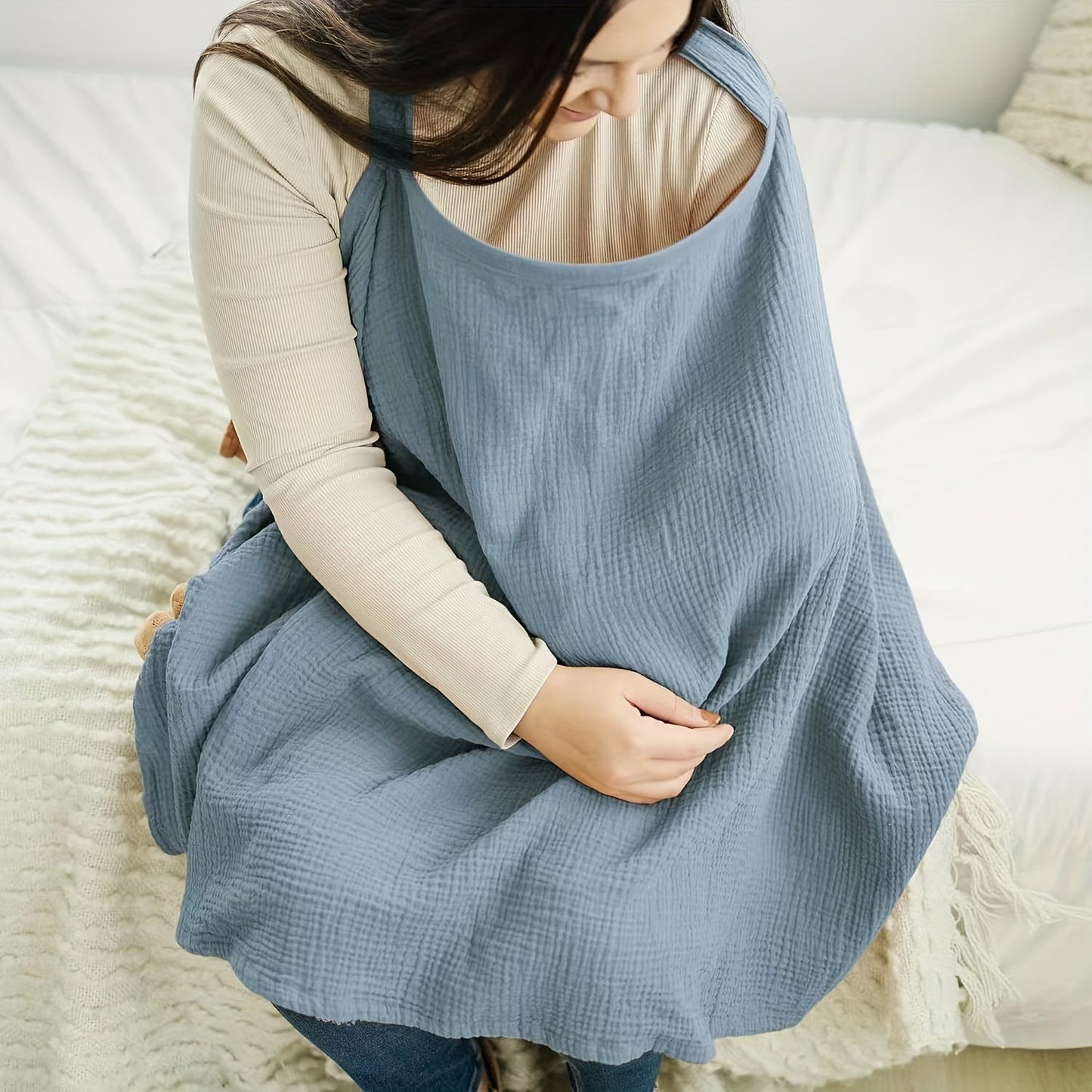 Beige floral pattern cotton nursing scarf, a chic accessory for discreet breastfeeding mothers.