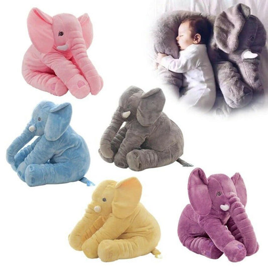 Soft gray elephant plush toy, perfect baby pillow & comforting cuddle buddy for infants & toddlers.
