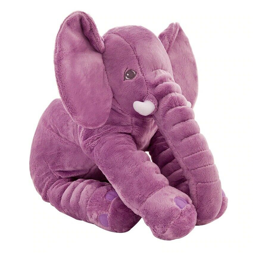 Large gray elephant plush pillow, a comforting naptime buddy & soft stuffed animal for baby's room.