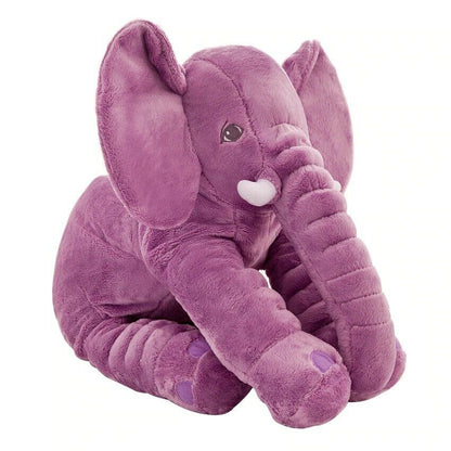 Large gray elephant plush pillow, a comforting naptime buddy & soft stuffed animal for baby's room.