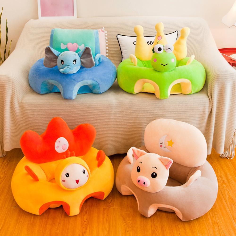 Baby's gray elephant animal support seat, a plush infant chair for developmental sitting