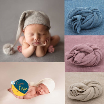 Soft knitted baby blanket wrap in cream, ideal for newborn photography props and studio backdrop.