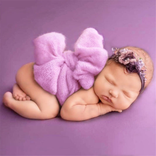 Soft mohair wool knitted baby wrap and matching headband set for newborn photography, infant photoshoot prop.