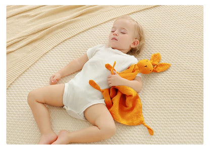 Detail of the fine weave on a muslin baby comfort towel, ensuring maximum breathability.