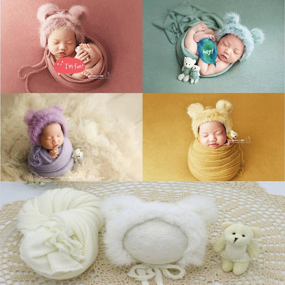 Soft newborn swaddle blanket, hat, and doll set for baby photography props, ideal infant gift.