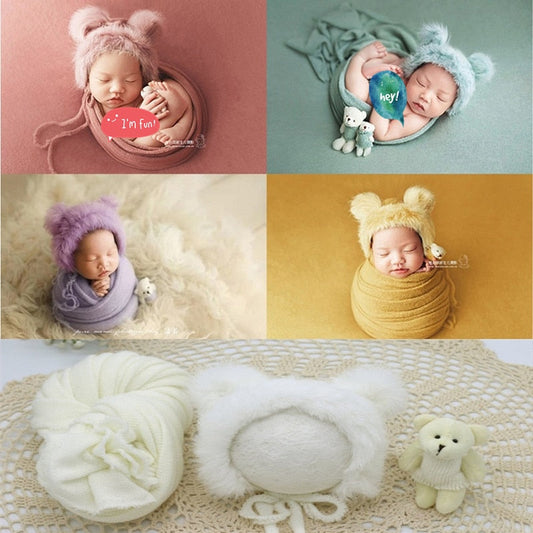 Soft newborn swaddle blanket, hat, and doll set for baby photography props, ideal infant gift.