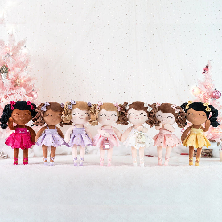Adorable stuffed ballerina toy wearing a silver crown and a ruffled pink tutu, ideal as a kids' gift.