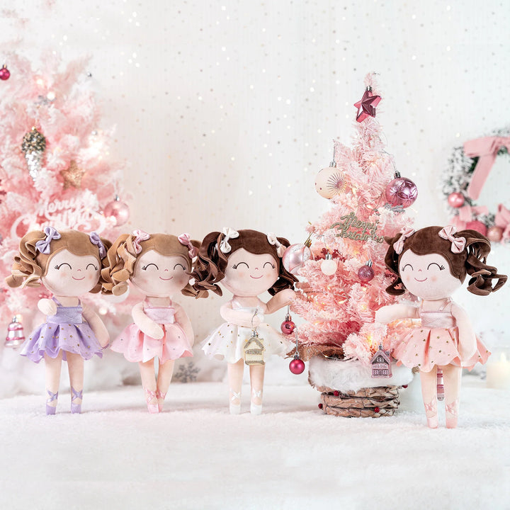 Girls' ballerina plush doll featuring a soft pink body, golden crown, and shimmering ballet tutu.