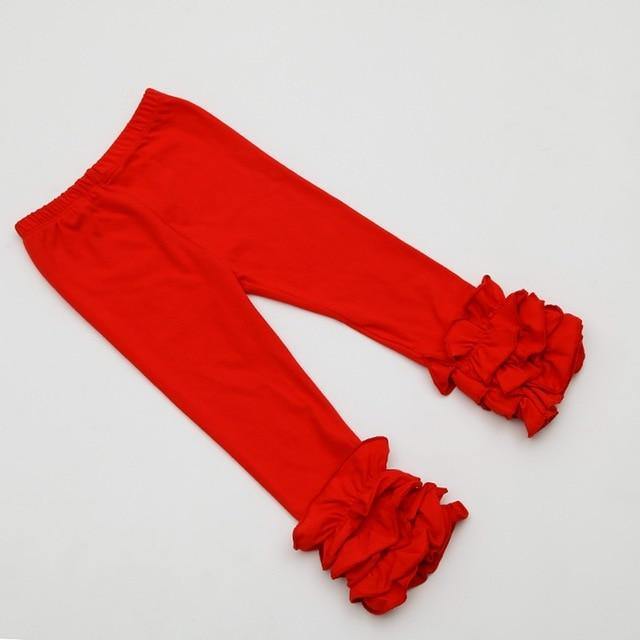 Fashionable red cotton ruffle leggings for baby girls, adding a pop of color to outfits
