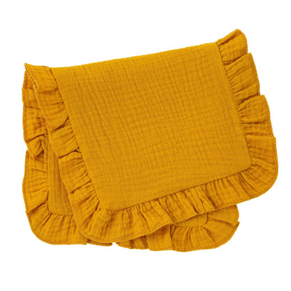 Unfolded mint green muslin cotton burp cloth with a dainty ruffle edge, provides full coverage for burping.